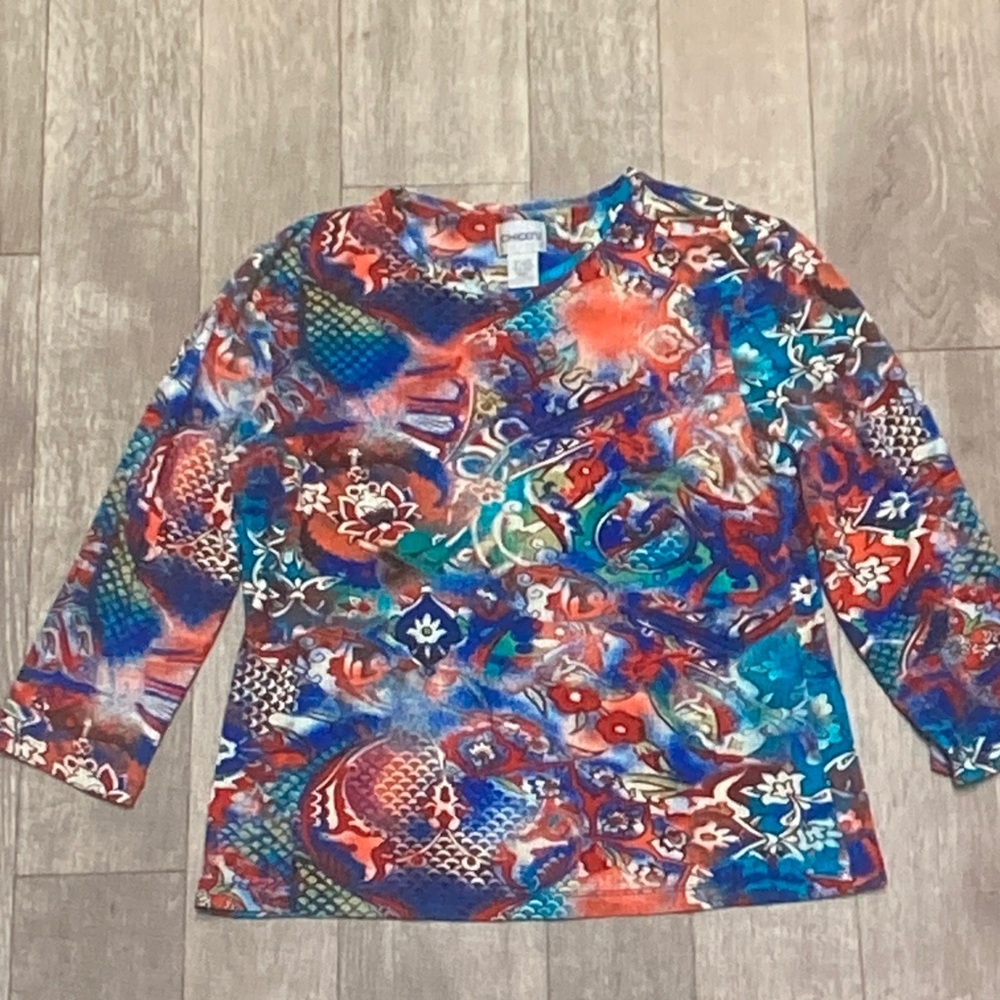 Chico's Multicolor Abstract Floral Print Top in Blue, Red, Teal